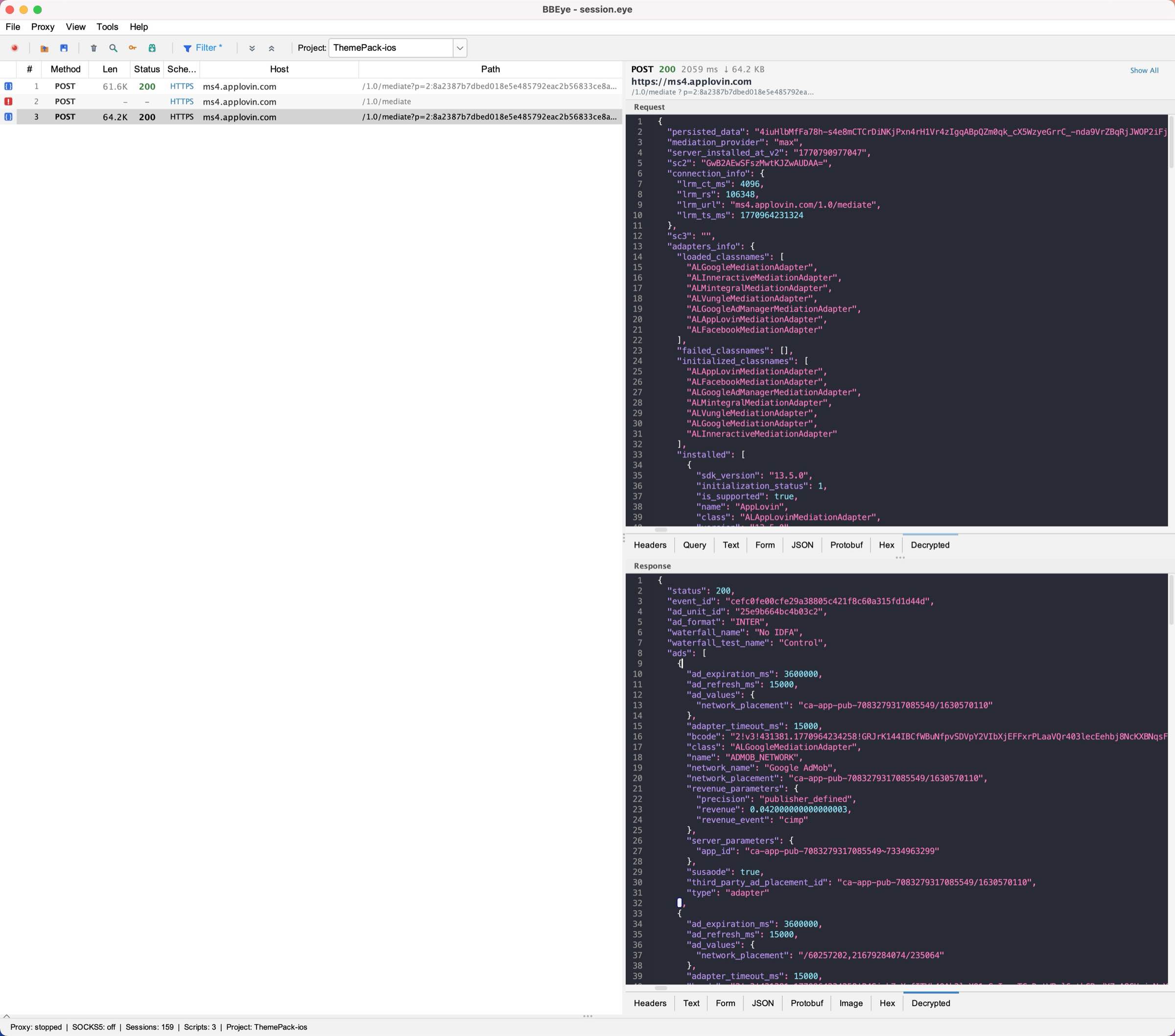 Decrypted traffic after script processing