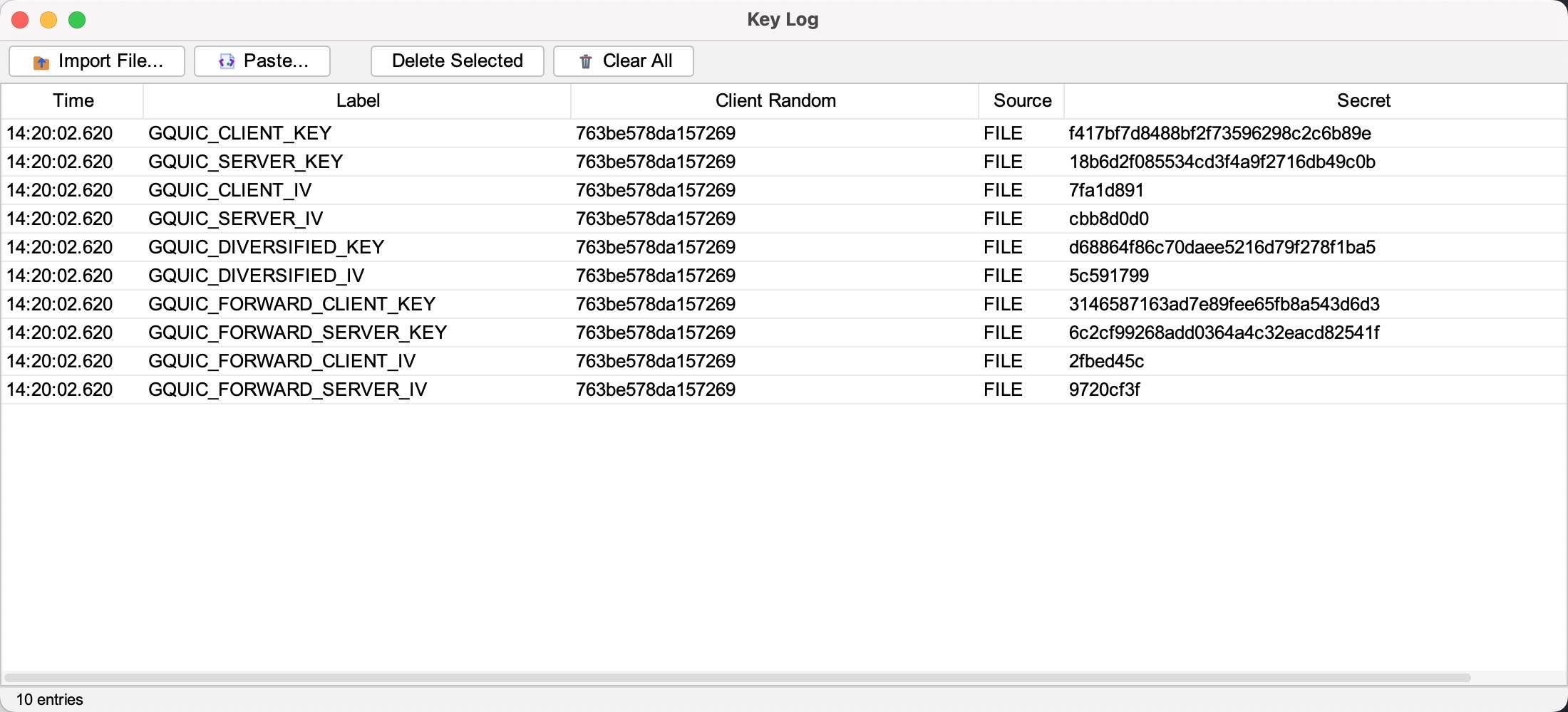 Key Log management panel